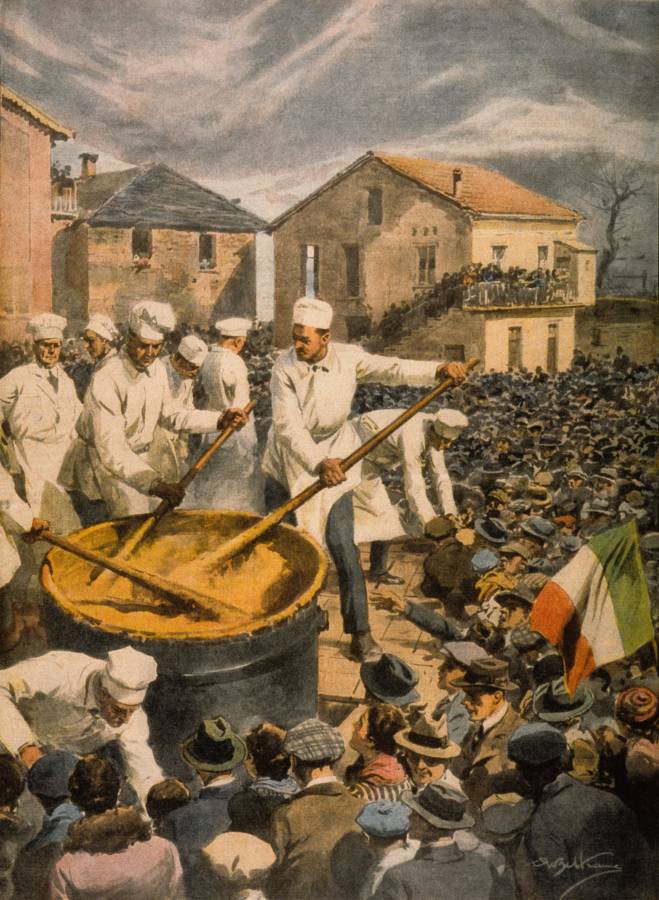 رسم توضيحي تاريخي يوضح مهرجان عصيدة الذرة في منطقة بيدمونت بإيطاليا